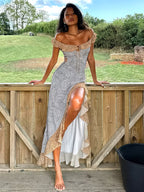 Off-the-shoulder Ruffled High-slit Sexy Fitted Spaghetti-Suspender Dress