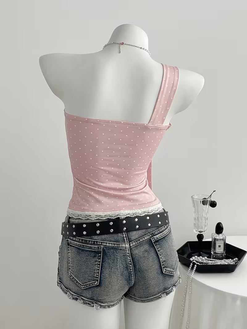 French Pure Desire Hot Polka Dot Off-Shoulder Vest Women'S Summer Hot Slim Bow Tie Strap One-Shoulder Camisole Top