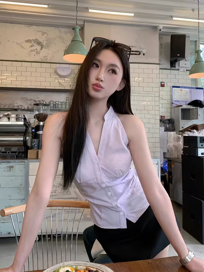 French-Style Cinched Waist Striped Sleeveless Shirt for Women, Summer Slim-Fit Designer Cropped Halter Top
