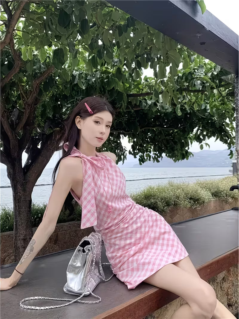 Summer Halter Neck Off-Shoulder Pink Plaid Sleeveless Dress Irregular Bow Design Skirt Women, Pink Off-Shoulder Sleeveless Halter Neck Plaid Dress Women'S Spring 2026 New Bow French Hip-Wrap Short Skirt