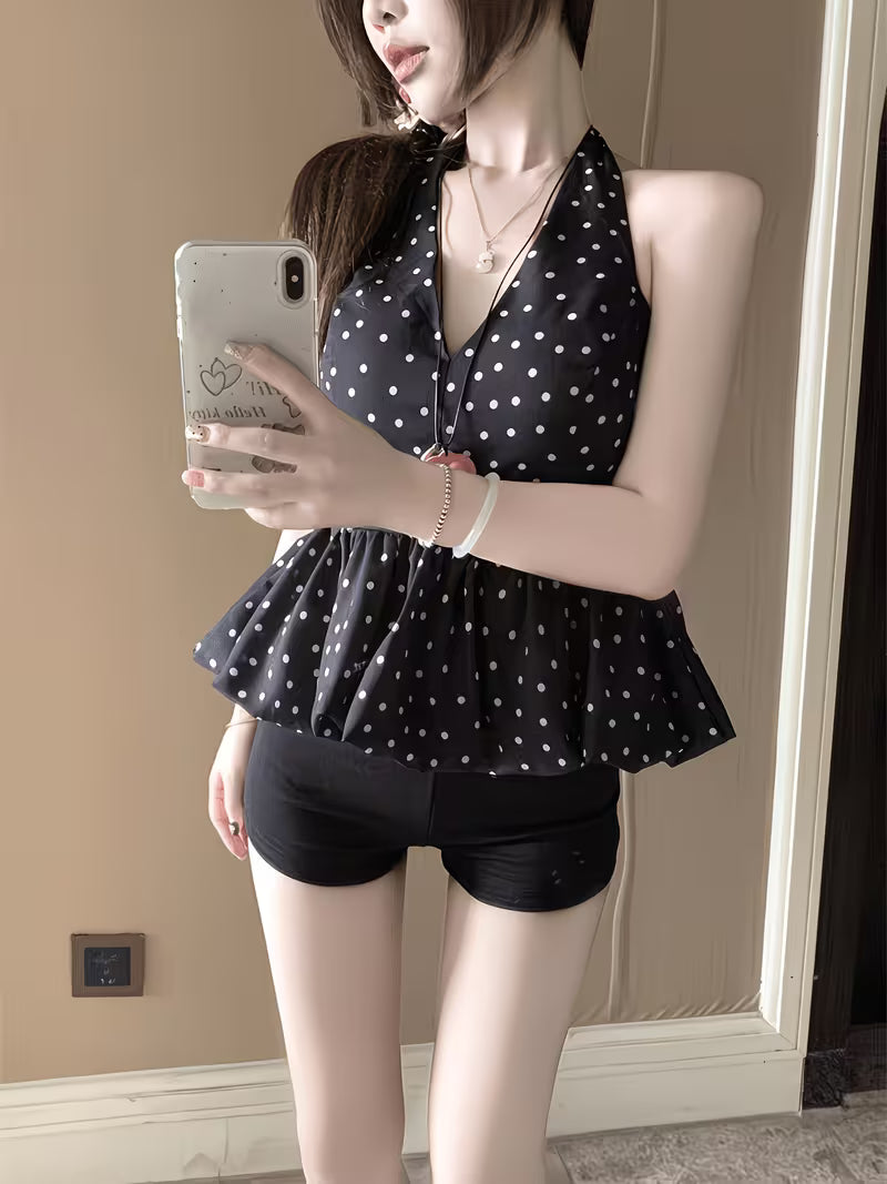 Women' Korean Dongdaemun Sexy V-Neck Halter Top - Backless High Waist Sleeveless Blouse Shirt with Polka Dot Bodice & Bud Hem