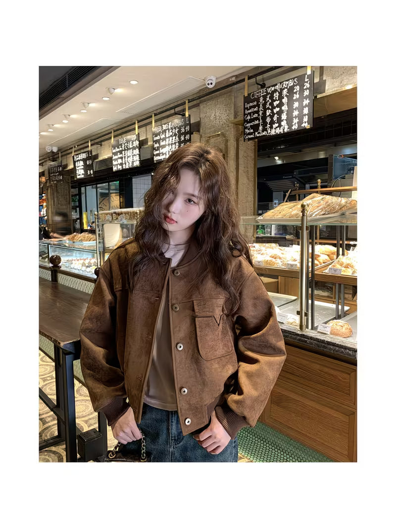New American Retro Baseball Jacket Women, Small Short Locomotive Style Cardigan Jacket Loose and Thin Versatile Top Ins Tide
