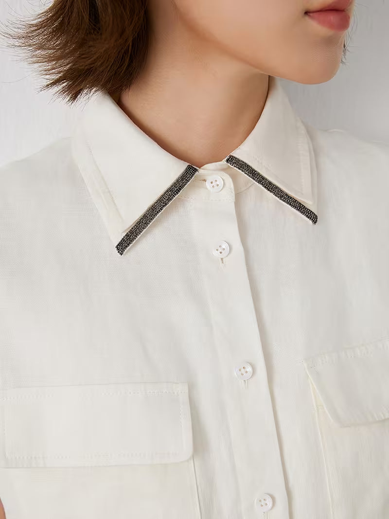 Women'S Summer Long Sleeveless Shirt Made of 100% Linen with Turn- Collar, Metallic Accents, Button- Front, Chest Pockets, Side Slits, And a Relaxed Fit
