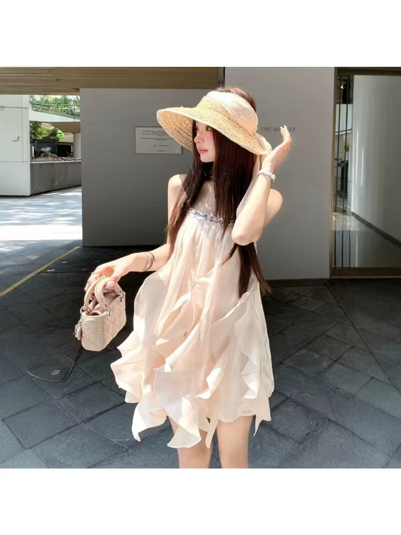 Women'S Strapless Chiffon Mini Dress, Ruffled Hem with Rhinestones, Sweet Casual Style