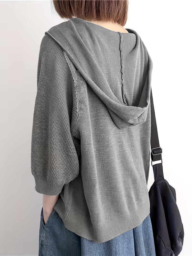 Fine Cardigan Jacket Women'S New Solid Loose Hooded Outerwear Thin Hollow Out Three-Quarter Sleeve Top