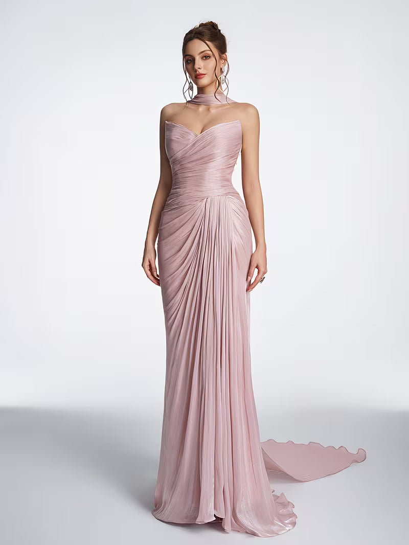 Women's Strapless Ruched Wrap Evening Gown - Dusty Pink Shimmery Chiffon Floor-Length Dress
