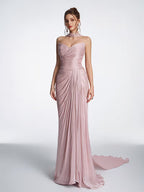 Women's Strapless Ruched Wrap Evening Gown - Dusty Pink Shimmery Chiffon Floor-Length Dress