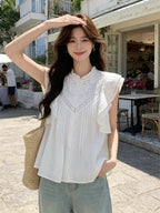 Women's French Style White Embroidered Stand Collar Ruffle Sleeve Blouse Elegant Soft Style Top