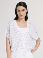 Elegant Women's Spring Summer Wool Short Sleeve Cardigan V-Neck Batwing Sleeve Striped Pattern Button Front Detail Premium Soft Breathable Fabric Versatile Top