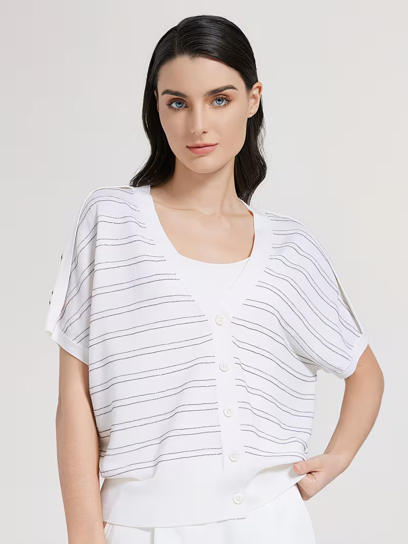 Elegant Women's Spring Summer Wool Short Sleeve Cardigan V-Neck Batwing Sleeve Striped Pattern Button Front Detail Premium Soft Breathable Fabric Versatile Top