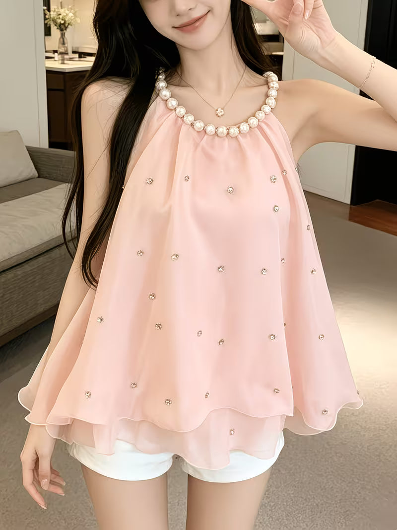 Design Sense Socialite Temperament 3D Floral Pearl Hanging Neck Diamond-Studded Ruffled Camisole Top Women'S Summer Socialite Style Diamond Pearl Hanging Neck Camisole Chiffon Blouse