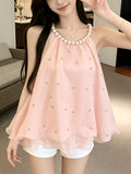 Design Sense Socialite Temperament 3D Floral Pearl Hanging Neck Diamond-Studded Ruffled Camisole Top Women'S Summer Socialite Style Diamond Pearl Hanging Neck Camisole Chiffon Blouse