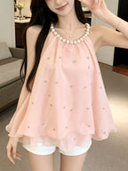 Design Sense Socialite Temperament 3D Floral Pearl Hanging Neck Diamond-Studded Ruffled Camisole Top Women'S Summer Socialite Style Diamond Pearl Hanging Neck Camisole Chiffon Blouse
