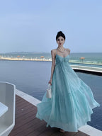 Summer New Blue Suspender Dress for Women, Beach Vacation Style, Off-Shoulder Long Dress with Backless Design