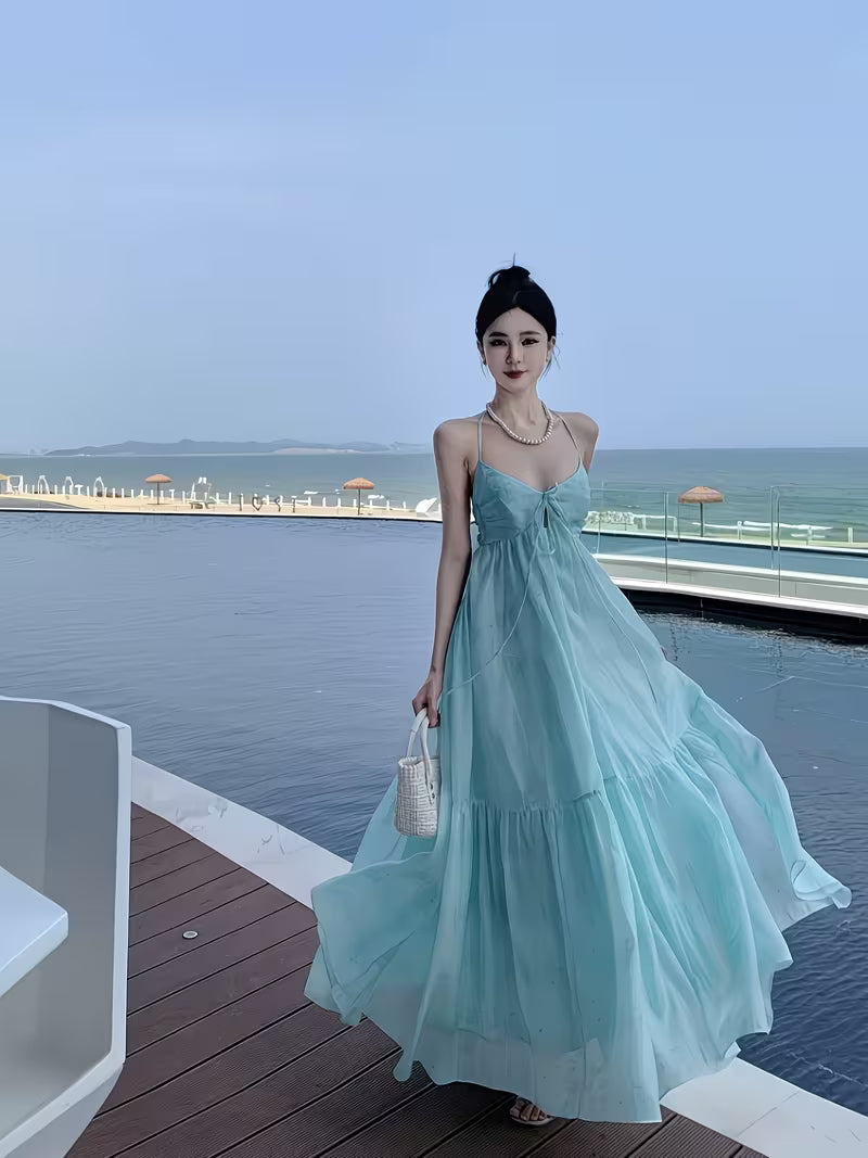 Summer New Blue Suspender Dress for Women, Beach Vacation Style, Off-Shoulder Long Dress with Backless Design