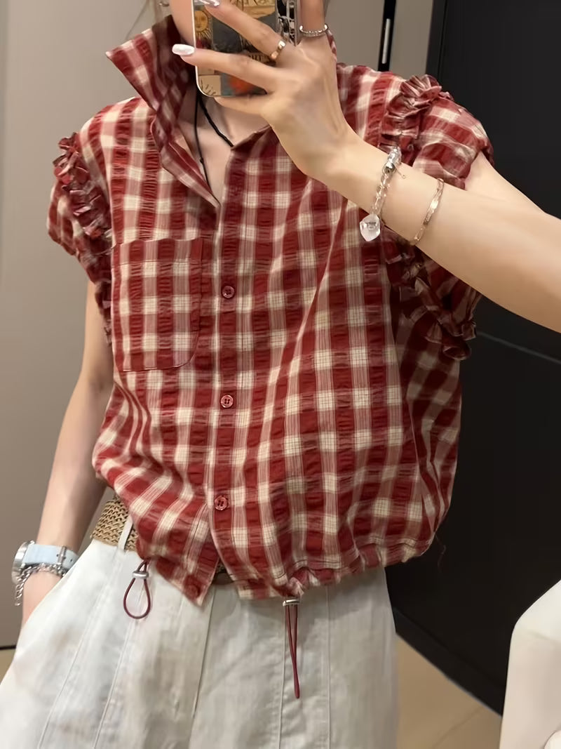 Short-sleeved Plaid Shirt Women, 2026 New Summer Fashion, Beautiful Top, French-style Ruffled Plaid Cardigan Top