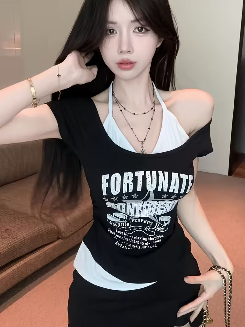 Letter Print Short-Sleeve T-Shirt for Women | Summer Design, Unique Faux Two-Piece Top, Trendy Halter Tank Top for Layering or Wearing Alone, Cropped Style