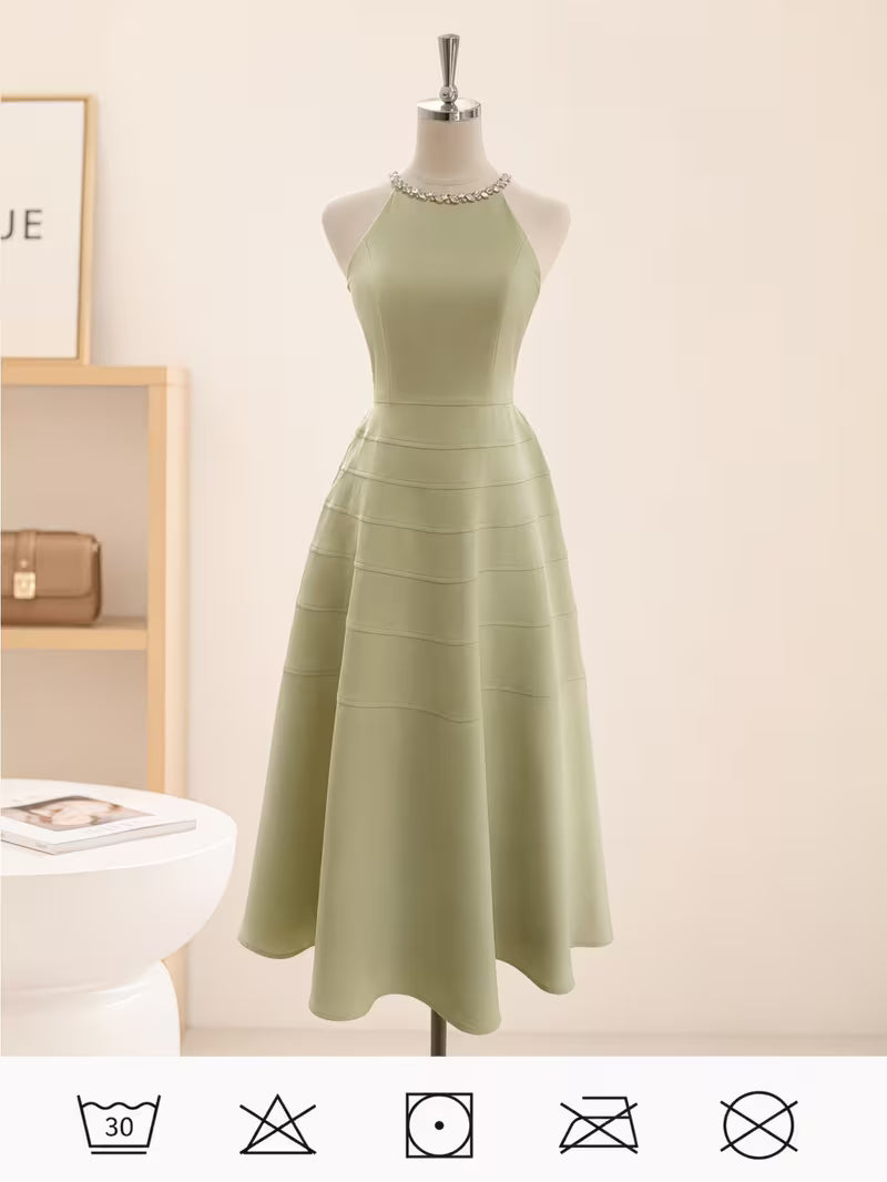 Halter Neck Rhinestone Embellished Sleeveless Slim Waist Dress for Women Daily Office Dating Casual Wear