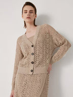 100% Linen Yarn | Elegant Deep V Neck Cardigan With Hollow Details, Regular Fit, Long Sleeves, Flared Hem