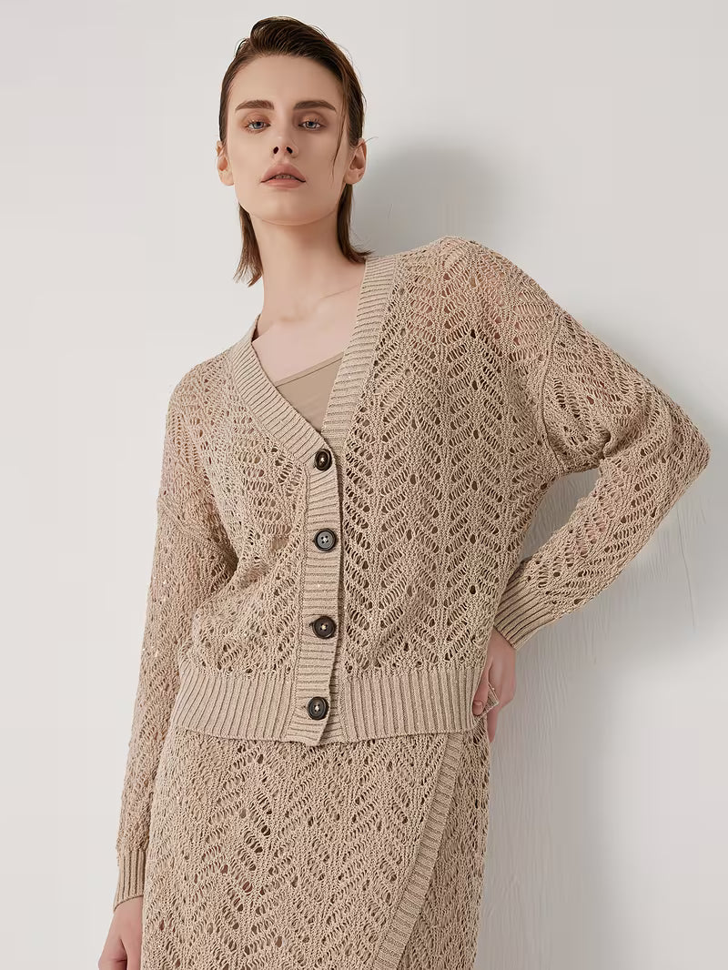 100% Linen Yarn | Elegant Deep V Neck Cardigan With Hollow Details, Regular Fit, Long Sleeves, Flared Hem