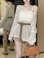 Bohemian Off-Shoulder Fishnet Cover-Up for Beach Vacation, Women's Spring/Summer Hot Midi Top