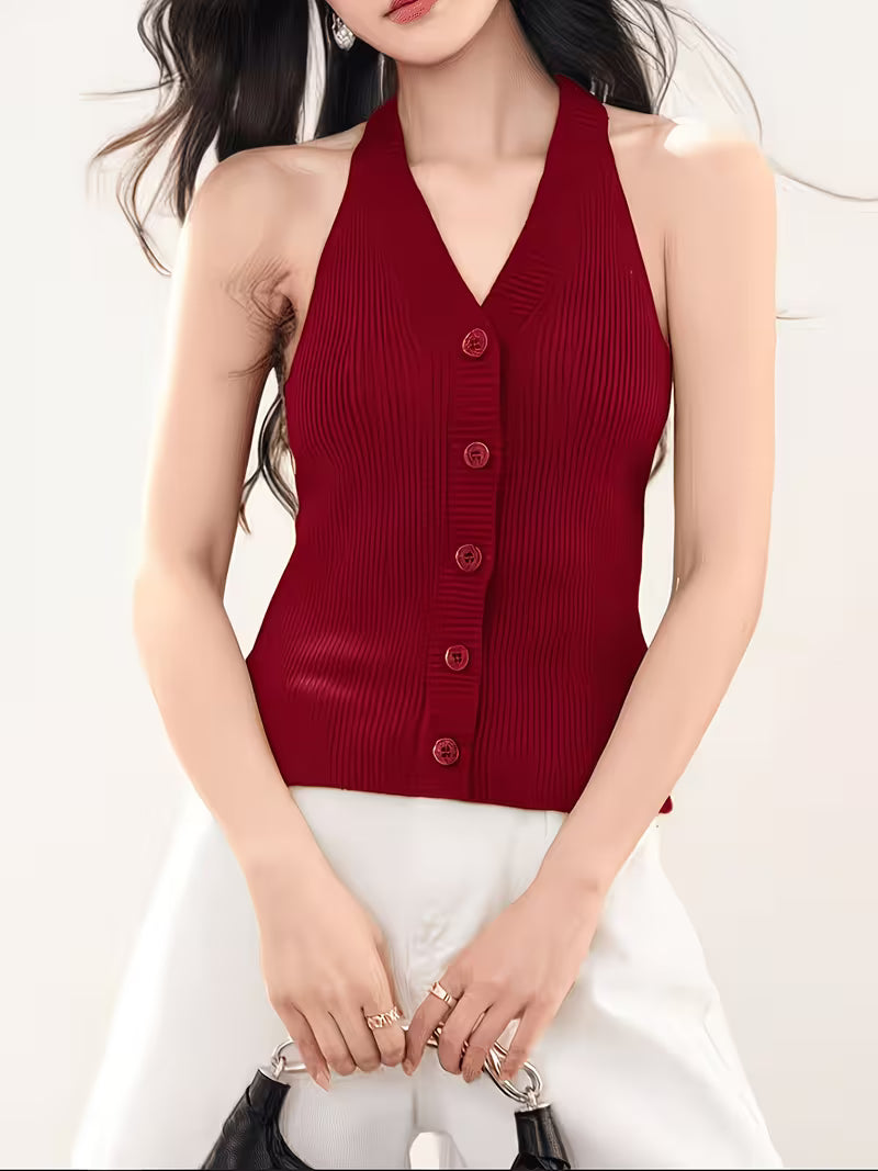 Women's Sleeveless V-Neck Vest Sweater - Sleeveless Suspender Top with V-Neck Neckline, High Elasticity Tunic for Spring Summer Outerwear, Korean Style