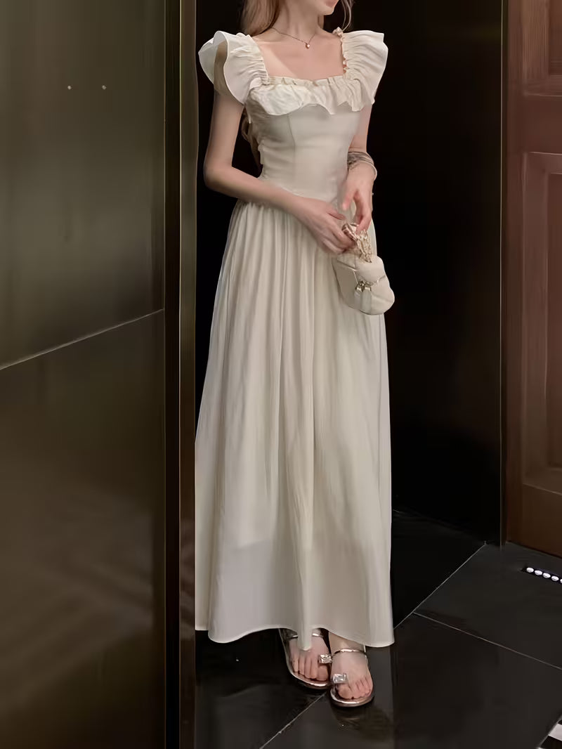Women'S Summer French Sweet Waist- Dress, Stunning Vacation Long Dress, Ruffle Square Neck Flutter Sleeve Dress
