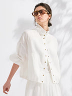 100% Linen Jacket | Elegant High Neck, Single Breasted, Button Details, Flared Hem, Long Sleeve | Serathinan