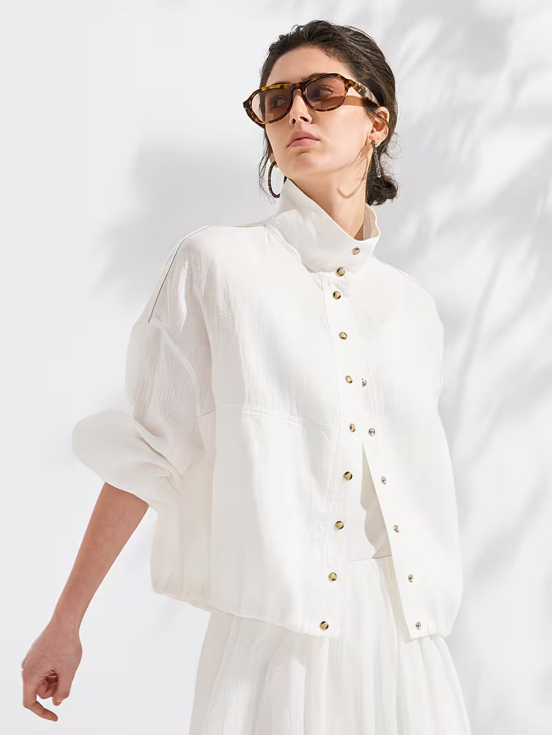 100% Linen Jacket | Elegant High Neck, Single Breasted, Button Details, Flared Hem, Long Sleeve | Serathinan