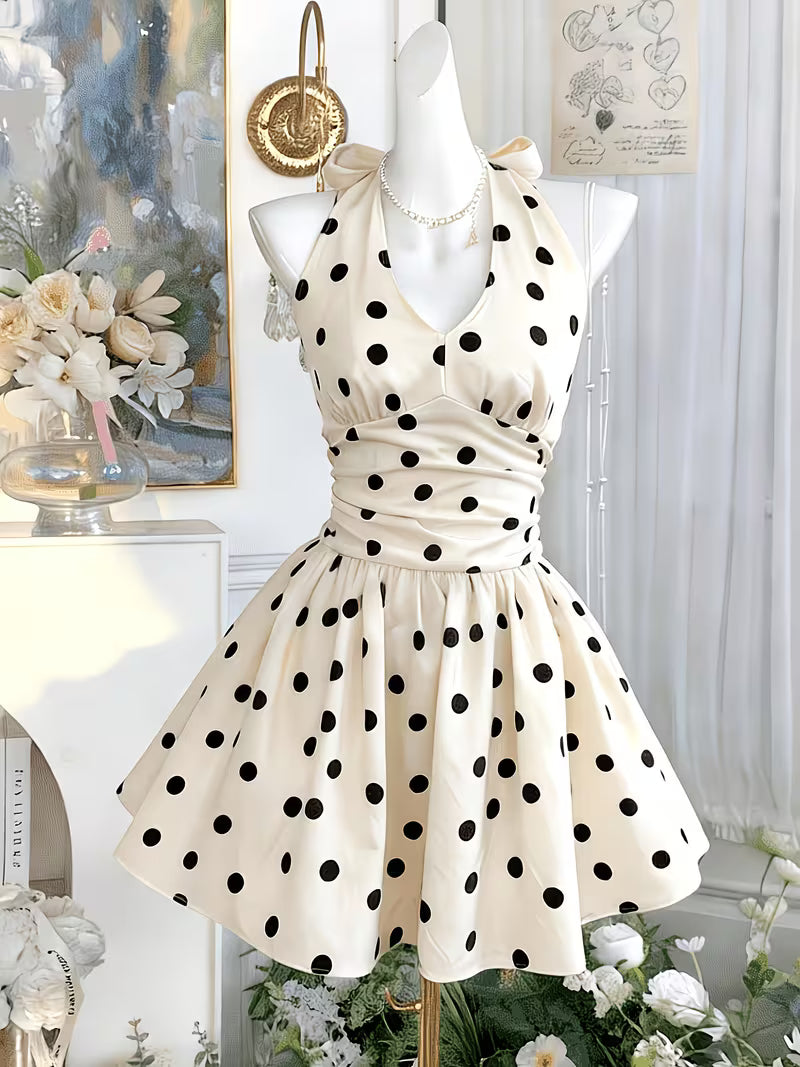 Cream Black Polka Dot Halter Neck Short Skirt, Gentle Style V-Neck Ruffled High-Waist Sweet A-Line Princess Dress
