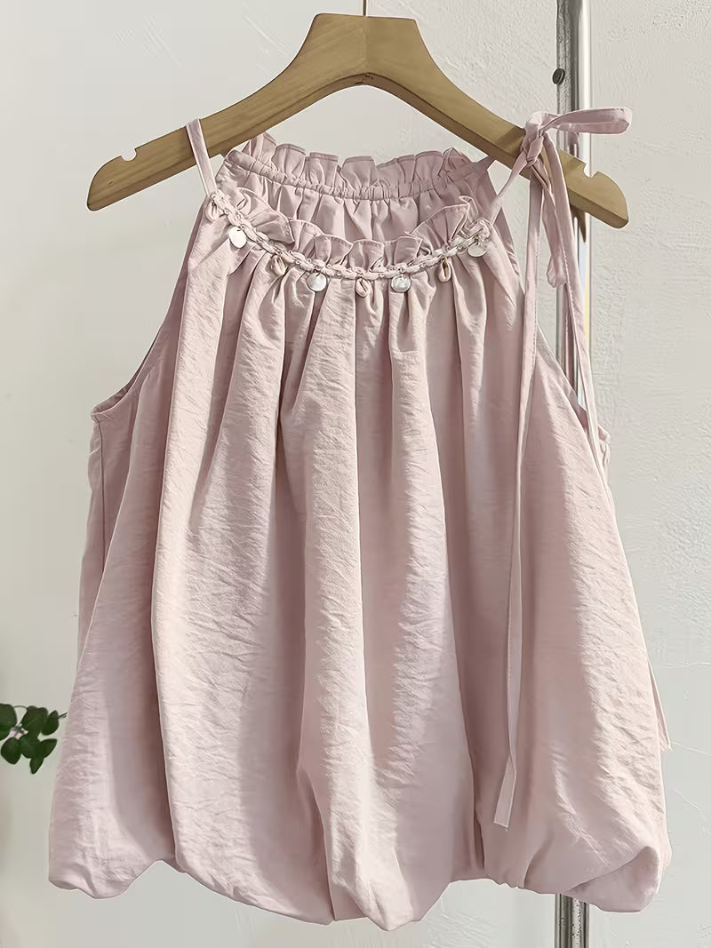 Summer New Pink Tie-String Off-Shoulder Sleeveless Vest Shirt Sweet Age-Reducing Short Puff Sleeve Blouse Top