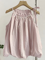 Summer New Pink Tie-String Off-Shoulder Sleeveless Vest Shirt Sweet Age-Reducing Short Puff Sleeve Blouse Top