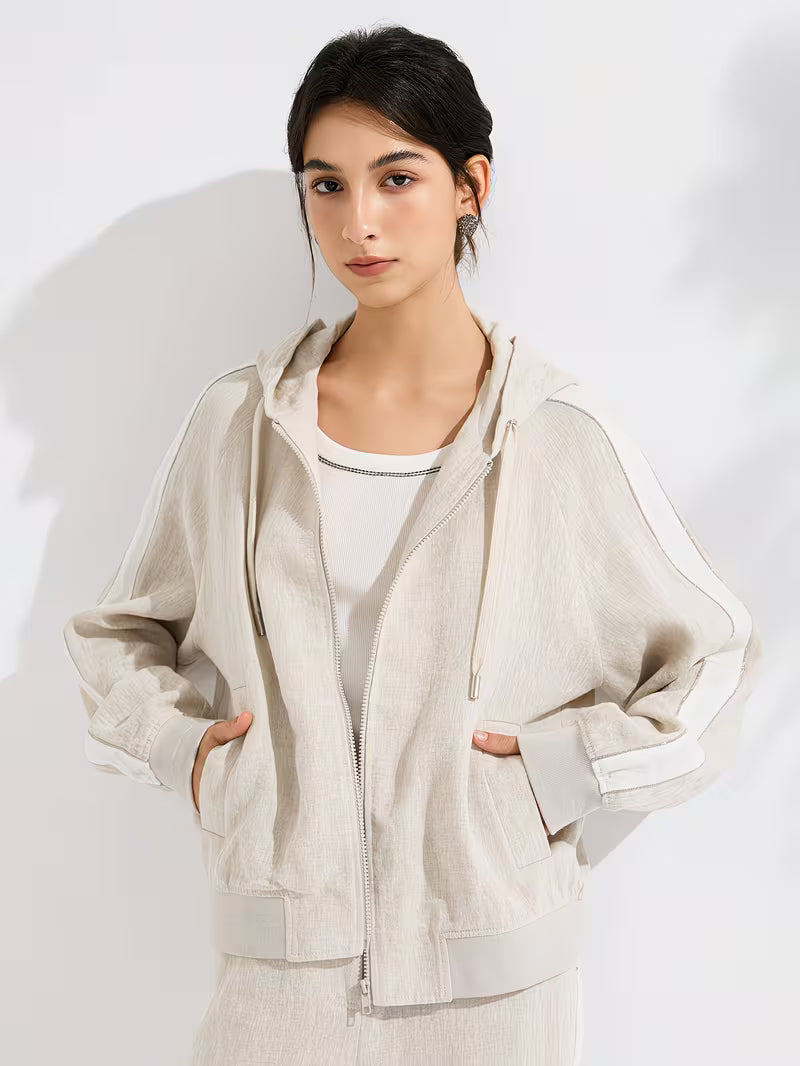 Effortless Linen Hooded Jacket For Women, 100% Linen Shell With 100% Lining, Full-Zip Relaxed Fit, Breathable Natural Fiber Outerwear