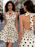 Cream Black Polka Dot Halter Neck Short Skirt, Gentle Style V-Neck Ruffled High-Waist Sweet A-Line Princess Dress