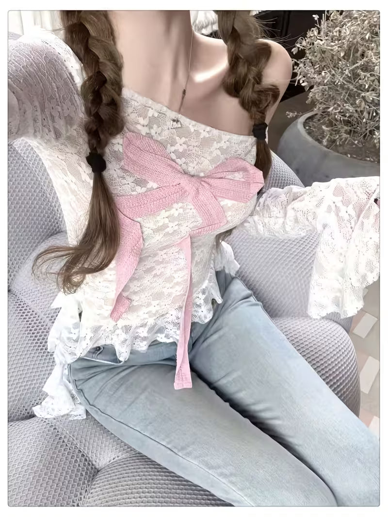 American Pure Desire New Off-The-Shoulder Lace Top Women'S Spring Cute Bow Design Sense Fashion Temperament Unique Elegant Beautiful Slim-Fitting Atmosphere Sweet Spicy Ruffle Versatile Long-Sleeved Top