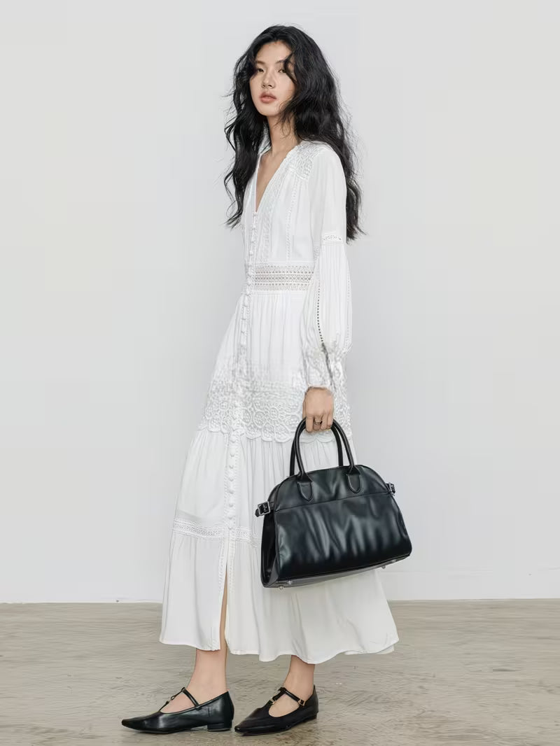 Women' French Hollow Out Lace Dress - -Line Semi-Sheer Summer Dress with Puff Sleeves & Waist Fit