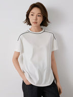 Women'S Spring And Summer T-Shirt with Short Sleeves, Crew Neck, Relaxed Fit, Drop Shoulders, Contrast Stitching, Curved Hem