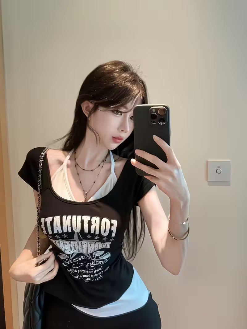 Letter Print Short-Sleeve T-Shirt for Women | Summer Design, Unique Faux Two-Piece Top, Trendy Halter Tank Top for Layering or Wearing Alone, Cropped Style