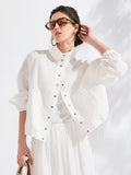 100% Linen Jacket | Elegant High Neck, Single Breasted, Button Details, Flared Hem, Long Sleeve | Serathinan