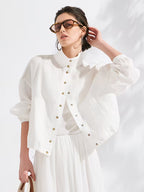100% Linen Jacket | Elegant High Neck, Single Breasted, Button Details, Flared Hem, Long Sleeve | Serathinan