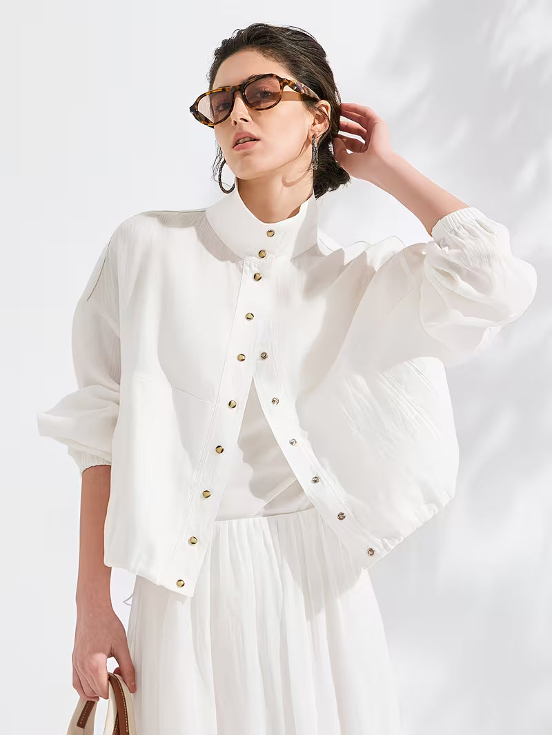 100% Linen Jacket | Elegant High Neck, Single Breasted, Button Details, Flared Hem, Long Sleeve | Serathinan
