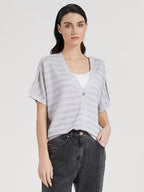 Elegant Women's Spring Summer Wool Short Sleeve Cardigan V-Neck Batwing Sleeve Striped Pattern Button Front Detail Premium Soft Breathable Fabric Versatile Top