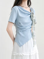 Women's Summer New Korean-style Irregular Short-sleeve T-shirt, Summer Pure and Gentle Short Top for Women