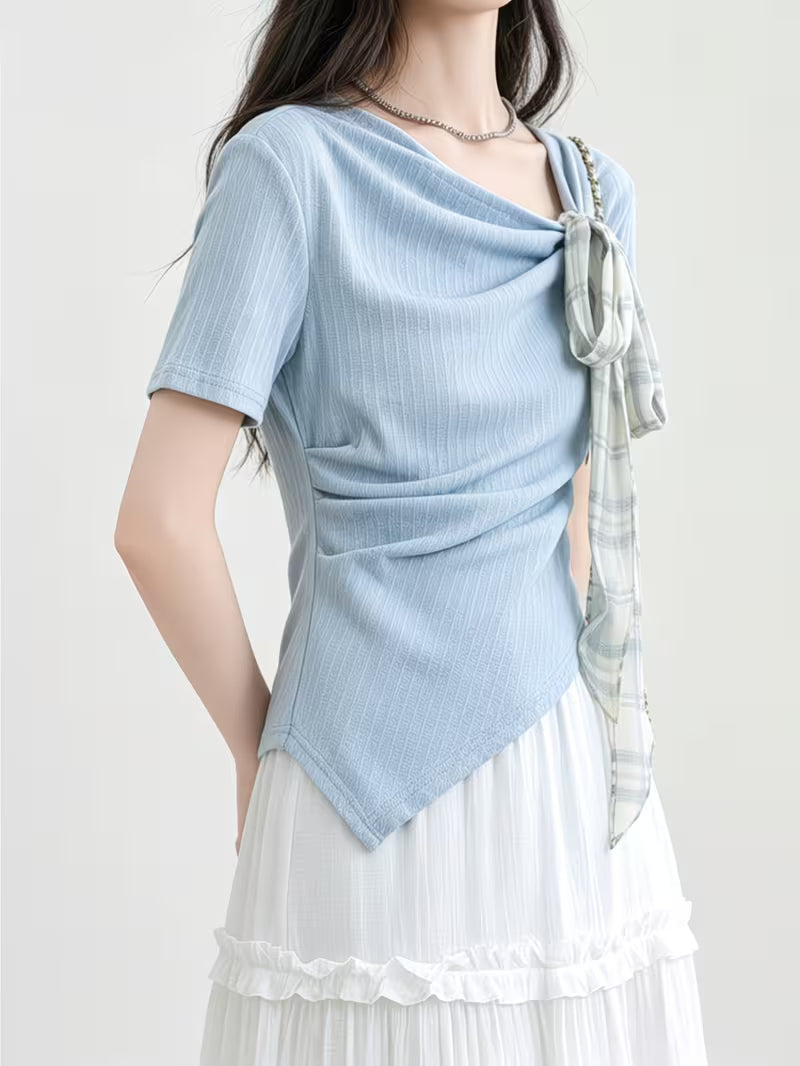 Women's Summer New Korean-style Irregular Short-sleeve T-shirt, Summer Pure and Gentle Short Top for Women