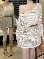 Bohemian Off-Shoulder Fishnet Cover-Up for Beach Vacation, Women's Spring/Summer Hot Midi Top