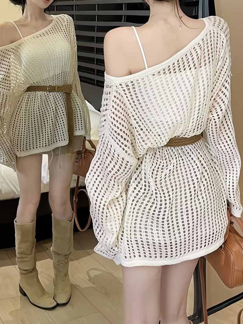Bohemian Off-Shoulder Fishnet Cover-Up for Beach Vacation, Women's Spring/Summer Hot Midi Top