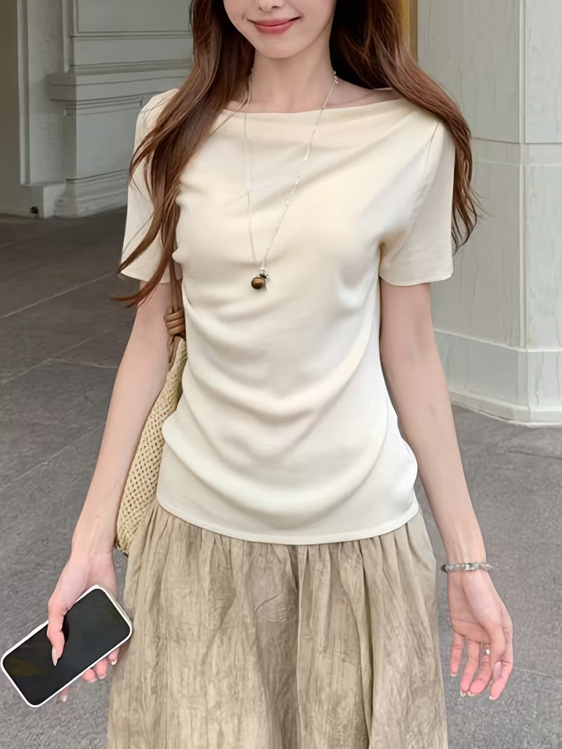 Apricot Peplum Neckline Top with Off-Shoulder Design, Women's New Summer Light Luxury High-End Slim Fit Flattering Short Sleeve T-Shirt