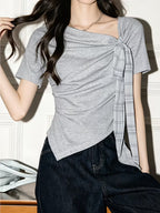 Women's Summer New Korean-style Irregular Short-sleeve T-shirt, Summer Pure and Gentle Short Top for Women