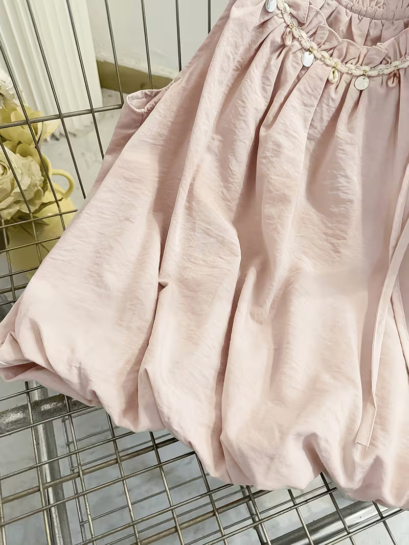 Summer New Pink Tie-String Off-Shoulder Sleeveless Vest Shirt Sweet Age-Reducing Short Puff Sleeve Blouse Top