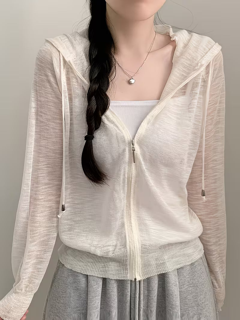 Korean Chic Summer Relaxed Zip-Up Hooded Loose Thin Sweater Women'S Long Sleeve Cardigan Jacket Trendy Fashion Commute Daily Versatile Jacket Sunscreen Shirt
